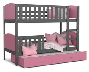Detská poschodová posteľ TAMI 3 80x190 cm so šedou konštrukciou v ružovej farbe s prístelkou