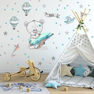 INSPIO-textilná prelepiteľná nálepka - Nálepky na stenu pre chlapcov - Medvedík s lietadlom a balónmi