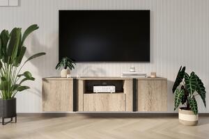 Závesný TV stolík Verica 150 cm s otvorenými priehradkami a zásuvkou - dub biszkoptový / čierne úchyty