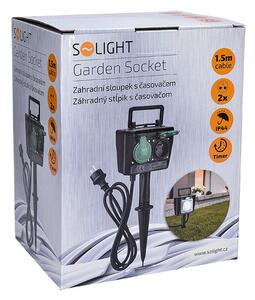 SOLIGHT Záhradný stĺpik IP44, 2 zásuvky + časový spínač, gumový kábel 1,5m
