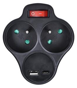 SOLIGHT Zásuvka rozbočovacia s USB A+C nabíjačkou a vypínačom 2x 230V/10A, čierna