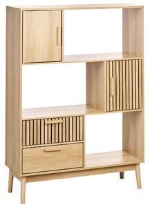 Knižnica svetlé drevo MDF nohy z borovicového dreva 100 x 35 x 140 cm 2 zásuvky 2 skrinky 3 police moderný štýl obývačka