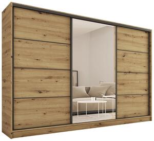 Šatníková skriňa HARAZIA 280 so zrkadlom, 4 šuplíky a 2 šatníkovými tyčami, dub artisan