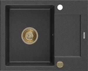 Mexen Enzo, granitový drez 576x465x174 mm, 1-komorový, čierna škvrnitá so zlatým sifónom, 6506571005-76-G