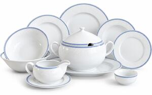 Opal krajka s modrou linkou 27-dielna porcelánová obedová súprava pre 6 osôb (Elegantná porcelánová súprava pre 6 osôb s jemným reliéfnym ornamentom a modrou linkou)