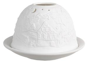 Biely porcelánový svietnik na čajovú sviečku s vianočnou dedinkou Paollo - Ø 12 * 8 cm - Clayre & Eef