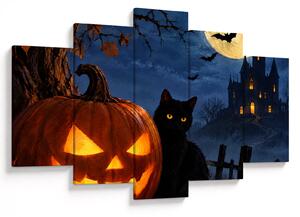 XXL Obraz - Čierna mačka pri svietiacej tekvici na Halloween (150x105 cm)