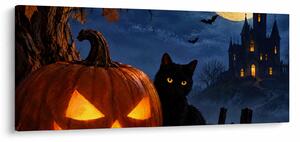 Obraz - Čierna mačka pri svietiacej tekvici na Halloween (120x50 cm)