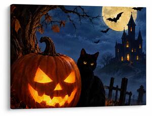 Obraz - Čierna mačka pri svietiacej tekvici na Halloween (70x50 cm)