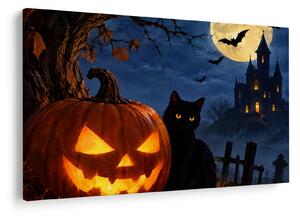 Obraz - Čierna mačka pri svietiacej tekvici na Halloween (90x60 cm)