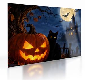Sklenený obraz - Čierna mačka pri svietiacej tekvici na Halloween (70x50 cm)