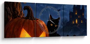 Obraz - Čierna mačka pri svietiacej tekvici na Halloween (s hodinami) (90x30 cm)