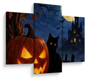 Obraz - Čierna mačka pri svietiacej tekvici na Halloween (90x60 cm)