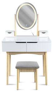 Toaletný stolík GLAM s LED zrkadlom biely / naturálny, sivá taburetka