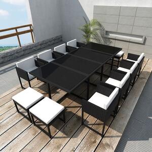 Maison Exclusive – 13-dielna záhradná jedálenská súprava s poduškami Poly Rattan Black