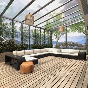 Maison Exclusive – 11-dielna záhradná súprava s vankúšmi z polyrotangu v čiernej farbe
