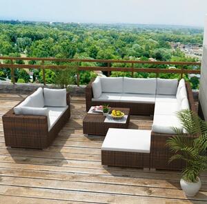 Maison Exclusive – 10-dielna záhradná súprava s vankúšmi z polyrotangu v hnedej farbe