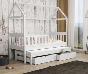 Detská domčeková posteľ z masívu borovice REVOLUT s prístelkou a šuplíky - 200x90 cm - biela