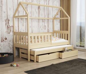 Detská domčeková posteľ z masívu borovice REVOLUT s prístelkou a šuplíky - 200x90 cm - prírodná borovica