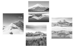 Set obrazov zasnežené hory v čiernobielom