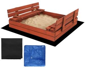 SPRINGOS Uzavreté drevené pieskovisko s lavičkami 120x120 cm – impregnované drevo, s plachtou a netkanou textíliou SBP120SET02