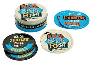 Podšálky okrúhle sada 6 ks v dóze "Pizza biére foot" 9,5 x H 3,5 cm, plech + korok (NT0345)