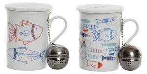 Hrnček na čaj s poklopom a sitkom, motív "rybičky", porcelán 10,5x8x11cm, 2 varianty (SM-159788 TEA MUG PORCELAIN INOX 10,5X8X11 280 FISHES 2 MOD.)