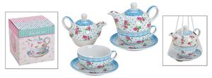 Čajník so šálkou a podšálkou v darčekovej krabičke, porcelán, "Dekor ruže" (10025589 Teapot set rose decor made of porcelain blue 3 p)