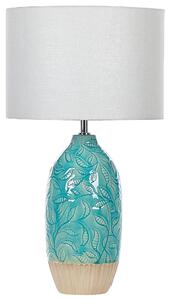 Stolná lampa tyrkysová keramická ozdobný podstavec biele látkové tienidlo boho rustikálny dizajn