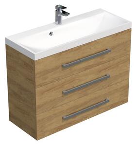Kúpeľňová skrinka s chrómovými úchytmi a umývadlom SAT Cube Way 100x71x40 cm dub Hickory mat CUBE21003DH