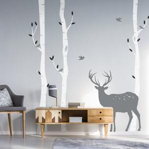 Nálepka na stenu Deer - stromy, jelenček a vtáčiky HD037