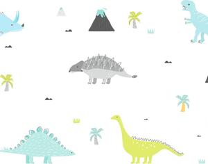 Nálepka na stenu Dino - dinosaury, sopky, oblaky a palmy DK291