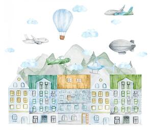 Nálepka na stenu Travel - mesto, lietadlá, vzducholoď, vrtuľník, balón a oblaky DK358