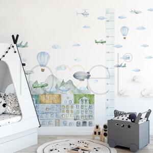 Nálepka na stenu Travel - mesto, lietadlá, vzducholoď, vrtuľník, balón a oblaky DK358