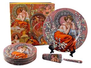 Servírovací tanier s lopatkou + 6 dezertných tanierikov Alfons Mucha hnedý