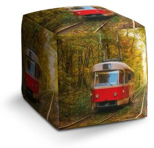 Sablio Taburet Cube Červená električka v lese - 40x40x40 cm