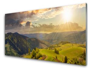 Skleneny obraz Hory lúka západ slnka 125x50 cm