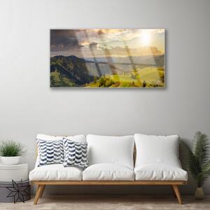 Skleneny obraz Hory lúka západ slnka 125x50 cm