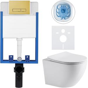 CERANO - Kompletný podomietkový WC set Lite/Verde - biela lesklá - WC tlačidlo Slim, zlatá - na zamurovanie - 49x36 cm