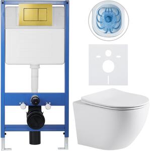 CERANO - Kompletný podomietkový WC set Lite/Verde - biela matná - WC tlačidlo Classic, zlatá - predstenová inštalácia / sadrokartón - 49x36 cm