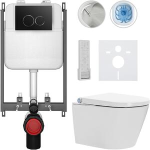CERANO - Závesné WC s bidetom Cronus Pro - biela lesklá - tlačidlo Prime/Dualo, čierne - na zamurovanie - 59,3x38,4 cm