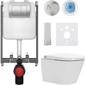 CERANO - Závesné WC s bidetom Cronus Pro - biela lesklá - tlačidlo Prime/Maxio, strieborné - na zamurovanie - 59,3x38,4 cm
