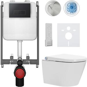 CERANO - Závesné WC s bidetom Cronus Pro - biela lesklá - tlačidlo Prime/Modulo, čierne - na zamurovanie - 59,3x38,4 cm