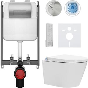 CERANO - Závesné WC s bidetom Cronus Pro - biela lesklá - tlačidlo Prime/Modulo, strieborné - na zamurovanie - 59,3x38,4 cm