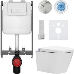 CERANO - Závesné WC s bidetom Cronus Premium - biela lesklá - tlačidlo Prime/Modulo, biele - na zamurovanie - 59,3x38,4 cm
