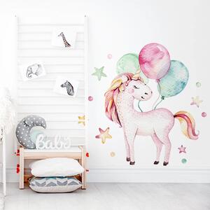 Nálepka na stenu Unicorn - jednorožec s balónmi, guličky a hviezdičky DK270
