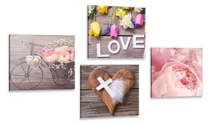 Set obrazov zátišie kvetín s krížikom a nápisom Love