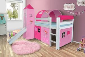 Detská vyvýšená posteľ so šmýkačkou DOMČEK ružový - PRÍRODNÁ