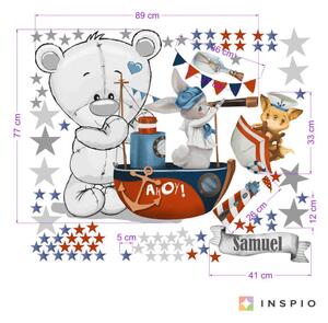 INSPIO-textilná prelepiteľná nálepka - Nálepky na stenu pre chlapcov - Macko a malí námorníci