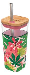 Sklenený cestovný hrnček so slamkou Liquid Cube Pink Jungle Flora 540 ml